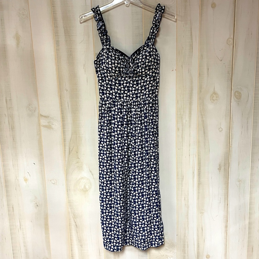 NWT AUW Blue White Green Floral Ruffle Strap Elastic Eaist Midi Dress Sz M - Picture 1 of 8